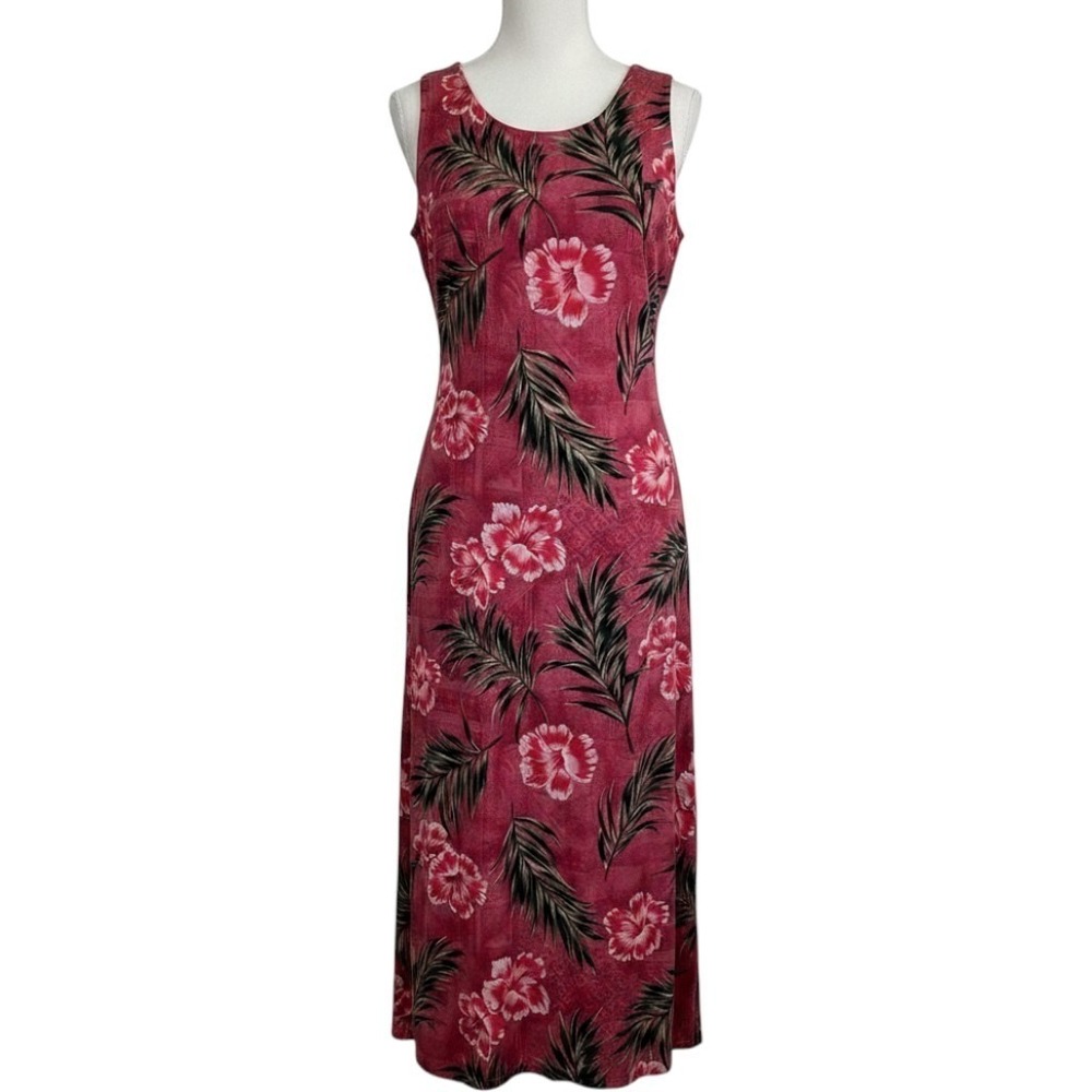 Bishop‎ St. Apparel Red Tropical Hibiscus Palm Print Sleeveless Maxi Dress Slit